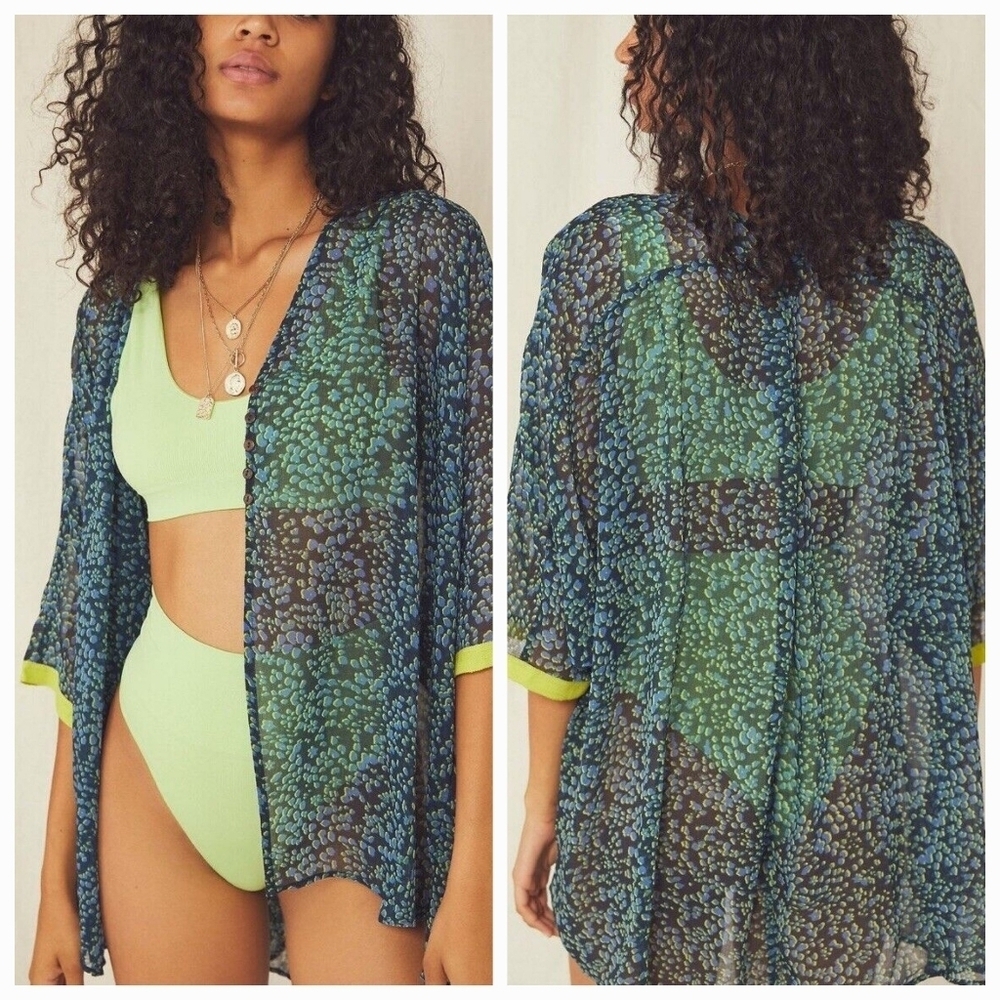 Intimately Free People Small Blue Animal Print Sheer Swim Suit Cover Up Cardigan